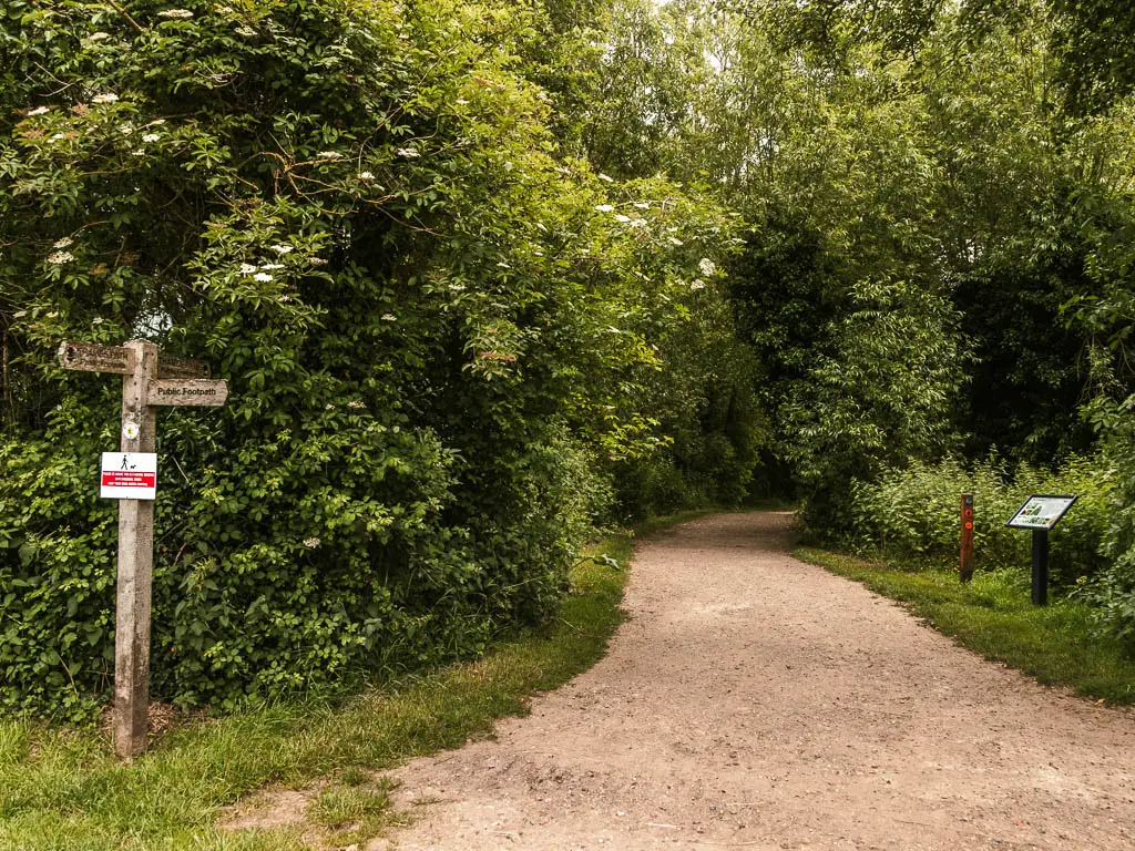 A widę path leading into the bushes and trees, with a wooden trail signpost on the left side.