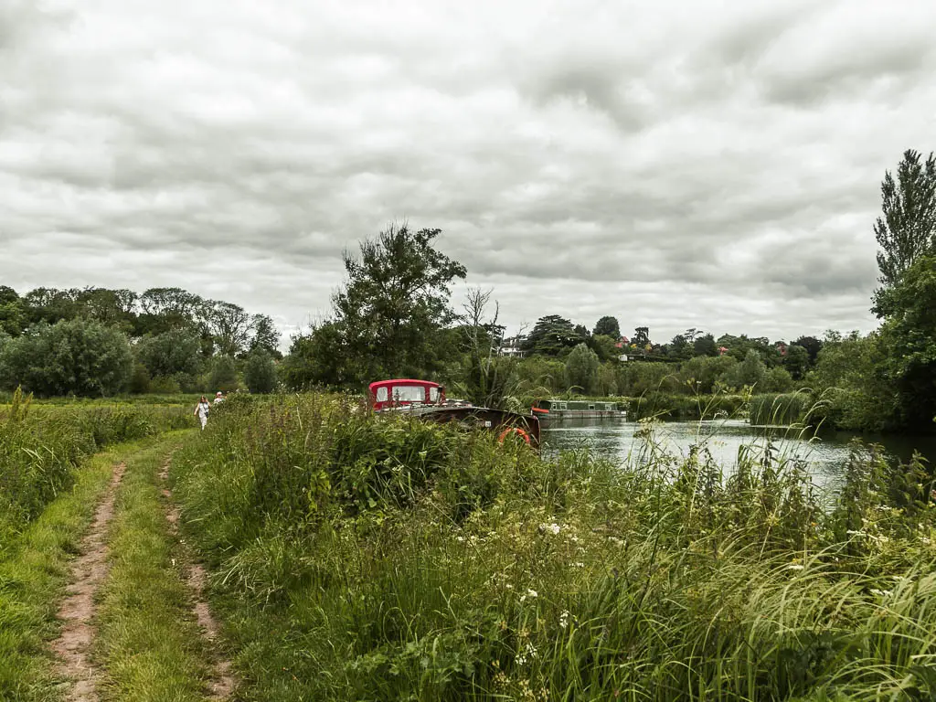 The grass and dirt trail on the left, with bushes and tall grass on the right then the river to the right of that. There is a boat moored to the side, mostly hidden by the tall grass. 