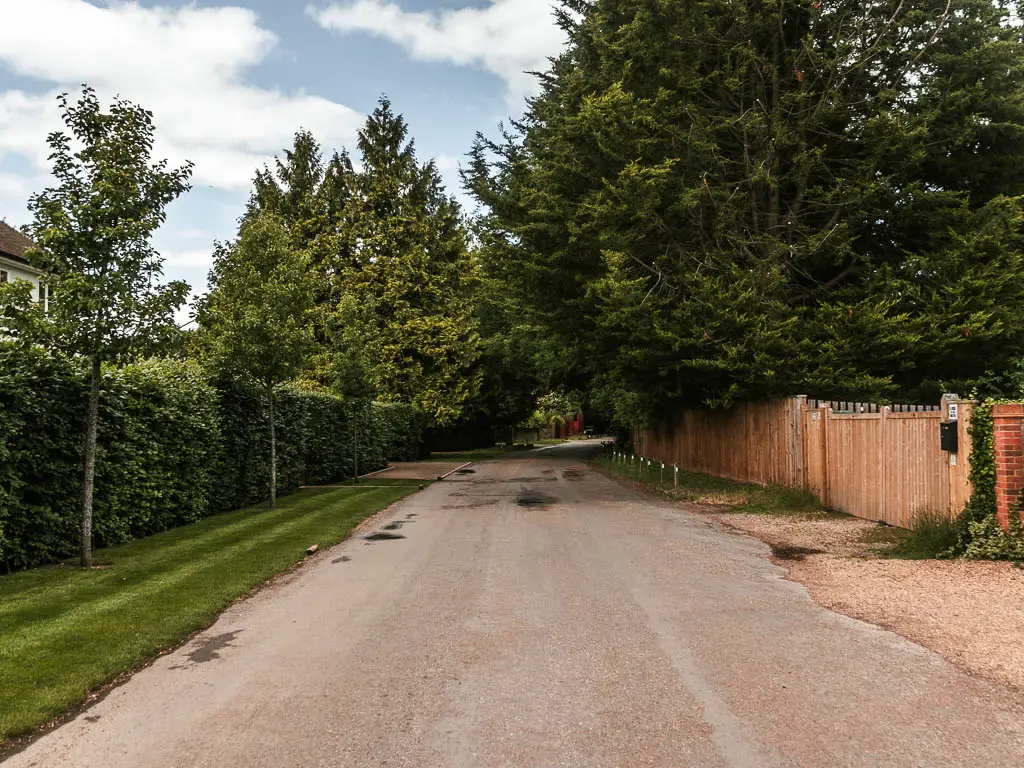 A wide road leading straight ahead, lined with a wooden fence on the right and strip of grass and neatly cut hedge on the left. There is a big tree hanging over the fence on the right.