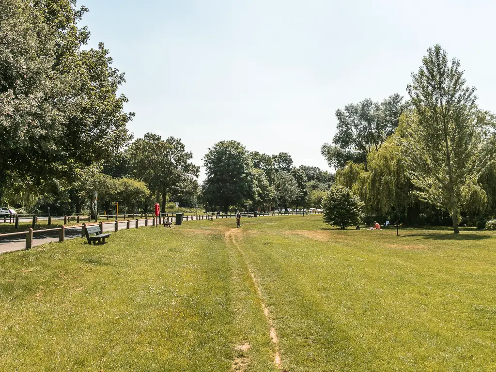 A large green with trail running through it. There is a road on the left, and trees of varying sizes ahead. There is a person walking on the trail ahead.