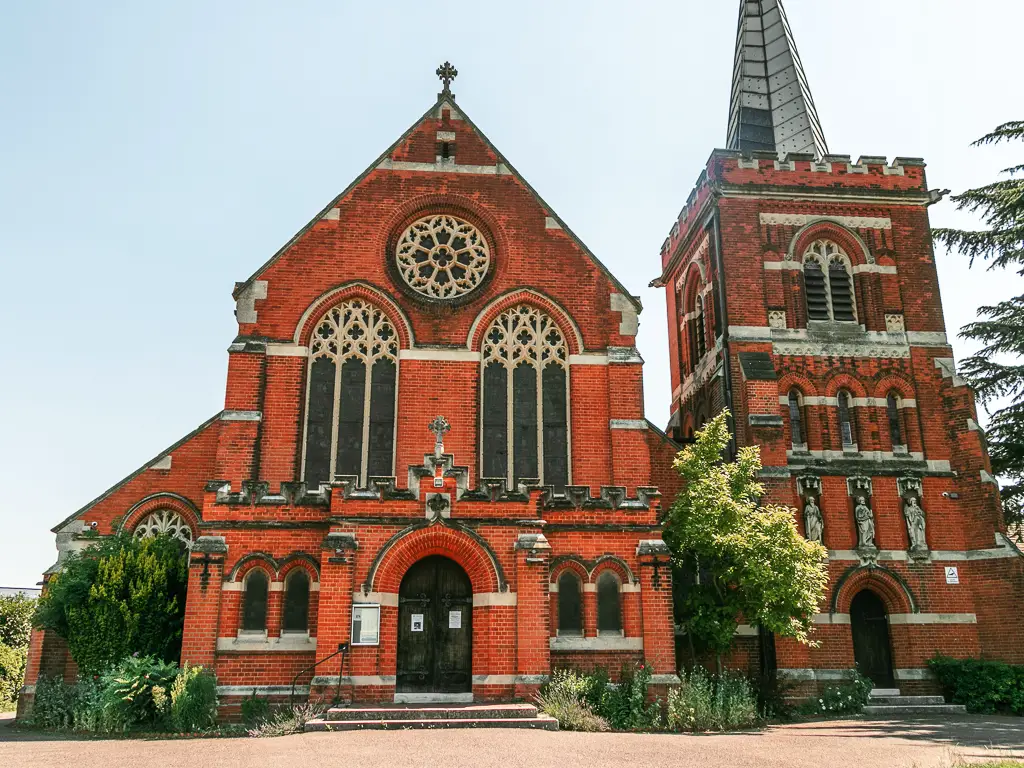 A big red brick walled church, at the start of the walk from Staines to Shepperton.