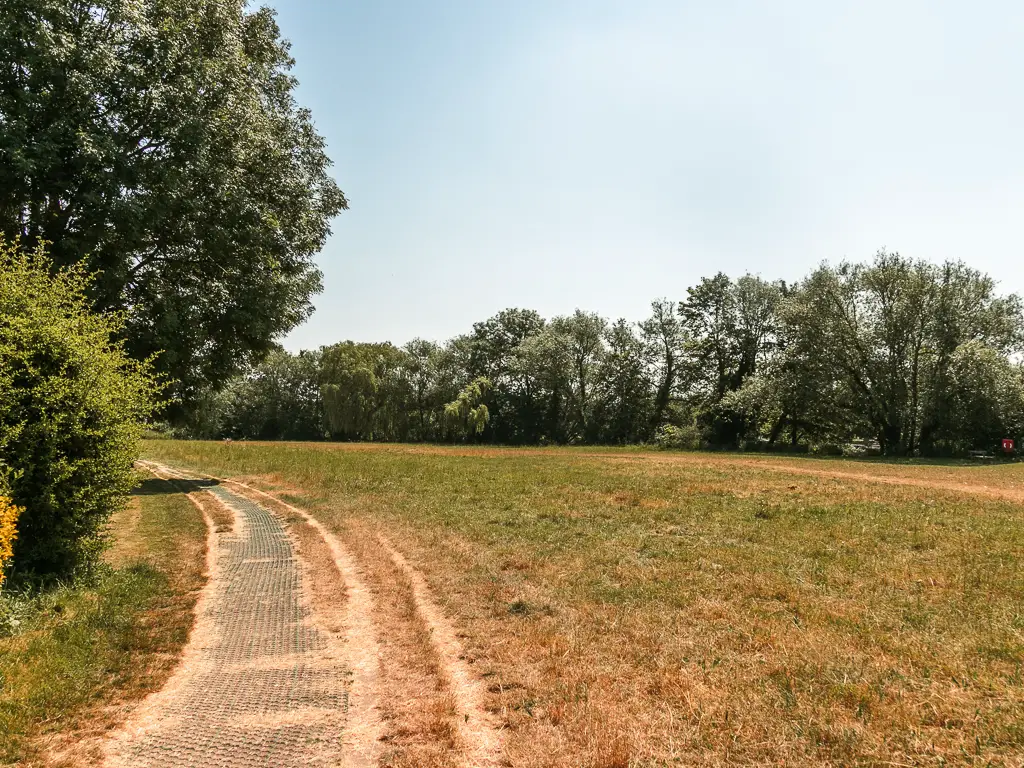 A large grass field with green and orange singed grass, with a path curving to the left. The field is lined with trees around the edges.