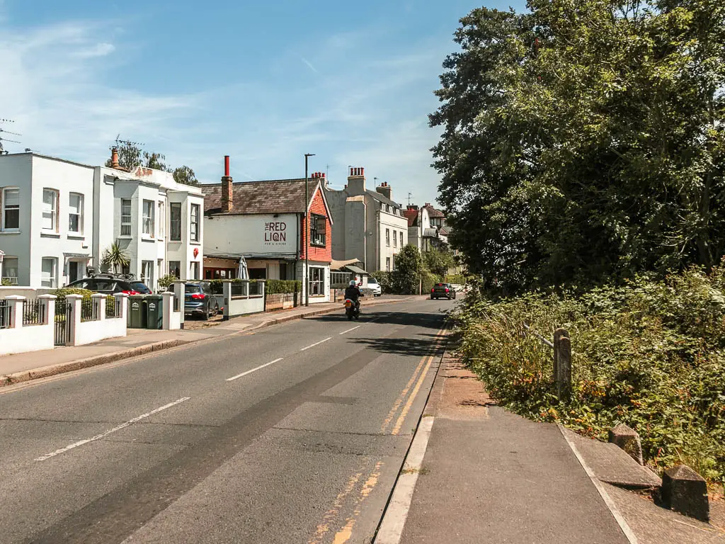 Looking along the road with a pavement and bushes to the right and houses lining g the other side.