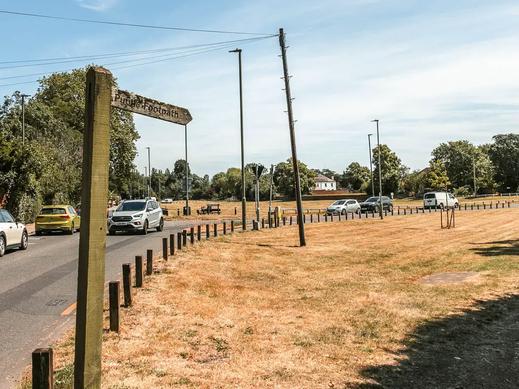 An area of yellow dried out grass, with the road on the left, and a wooden trail sign pointing right.