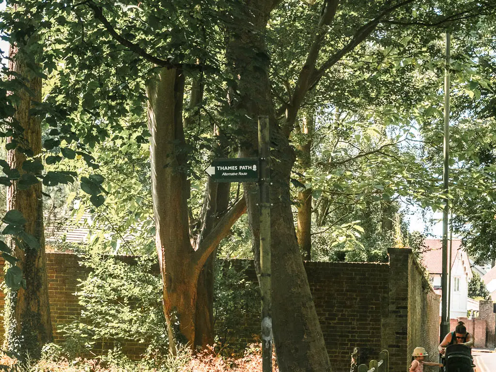 A trail signpost pointing left, in front of a tree and brick wall.