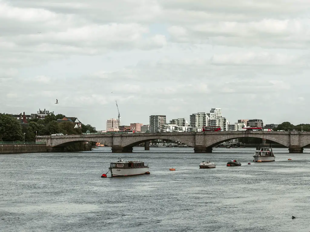 Looking along the river to Putney Bridge and the end of the walk from Hampton Court. There are a few boats in the middle of the river, and tall apartments buildings visible in the distance past the bridge.