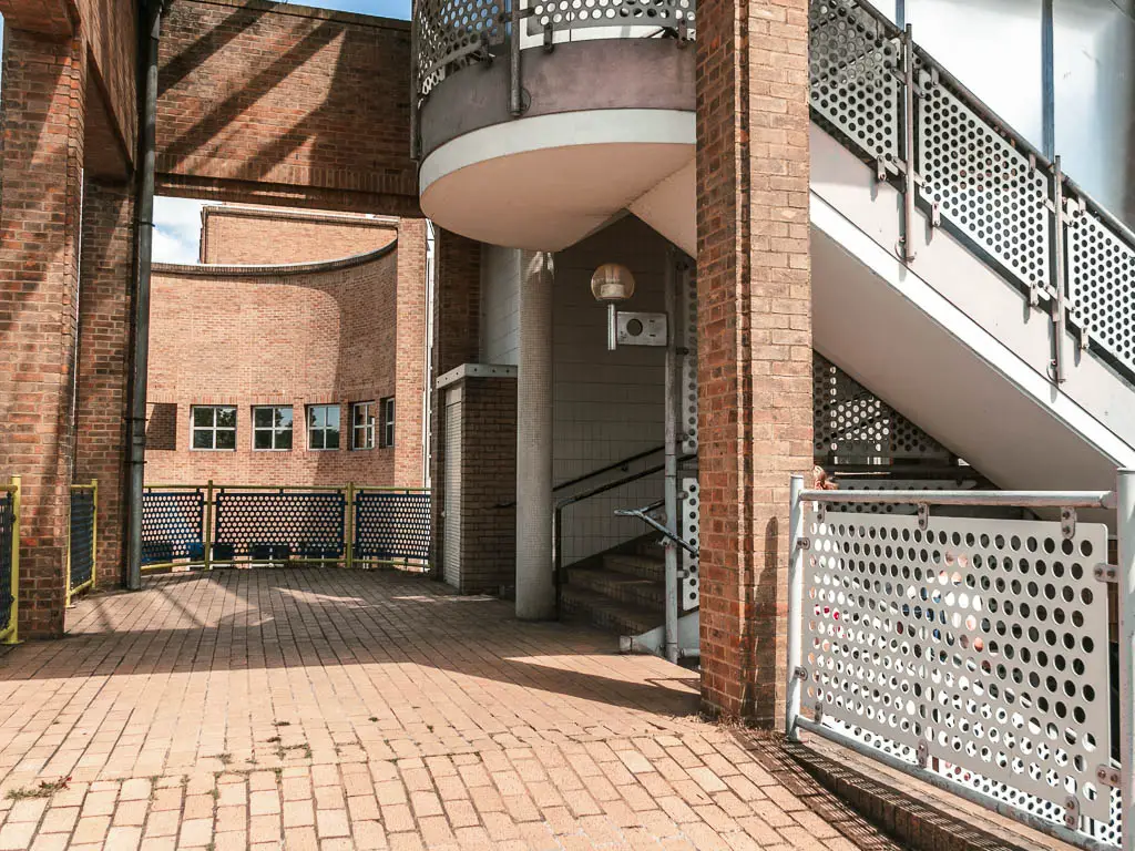 Looking towards a metal stairwell. 