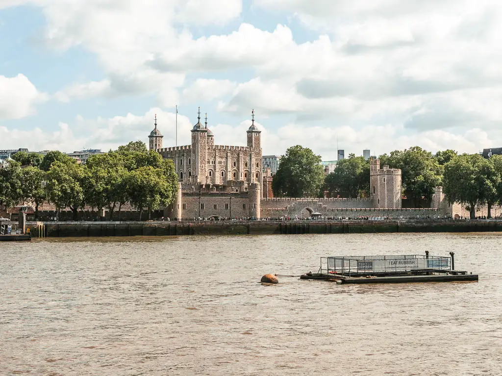 Looking across the river to the Tower of London, at the start of the walk towards the Thames Barrier.