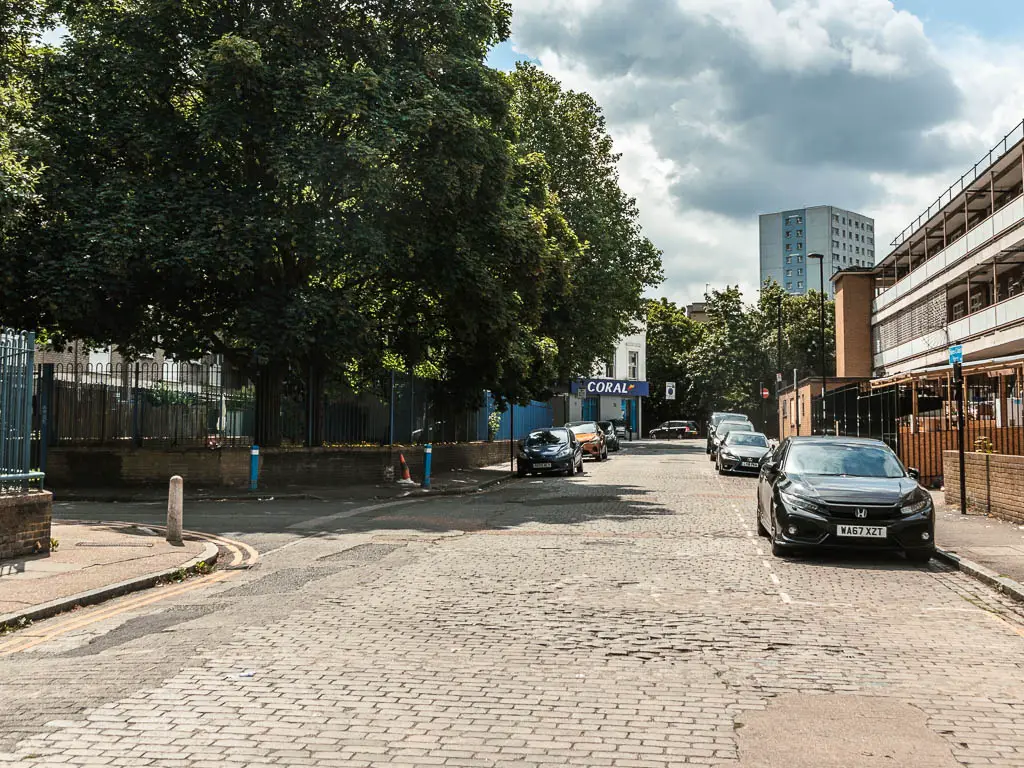 A road, with cars path on the right, and big trees to the left.