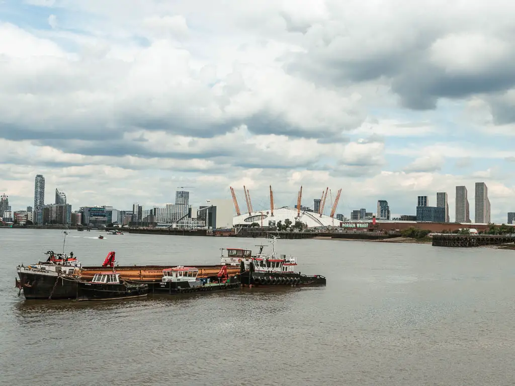 Looking across the river to the 02 in the distance, on the walk between Tower Bridge and the Thames Barrier.