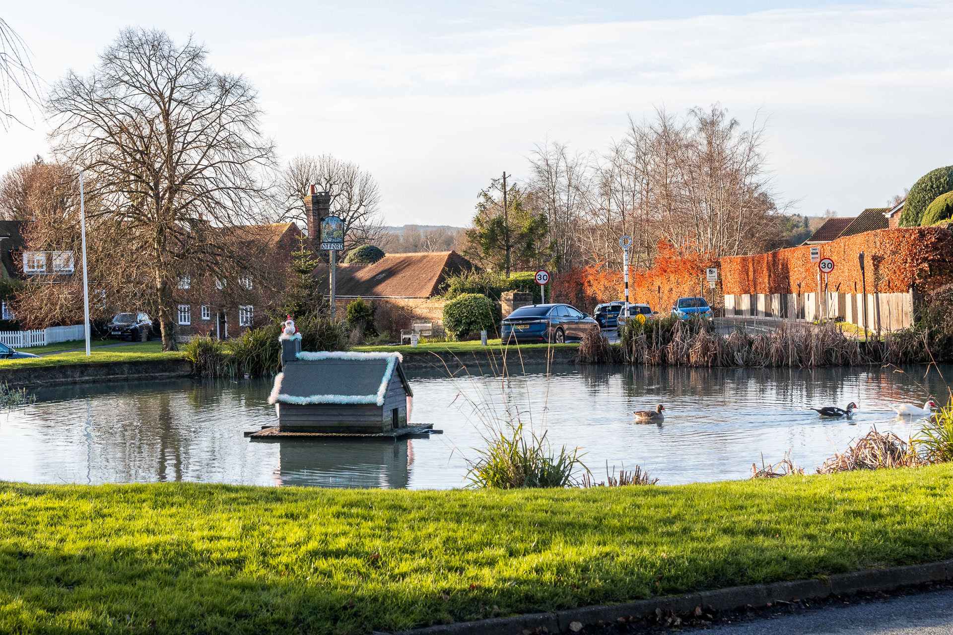 The Otford pond with a strip of green grass circling around it, and a small duck house in the middle. There are two ducks on the pond. Behind the pond are a few cottages and cars.