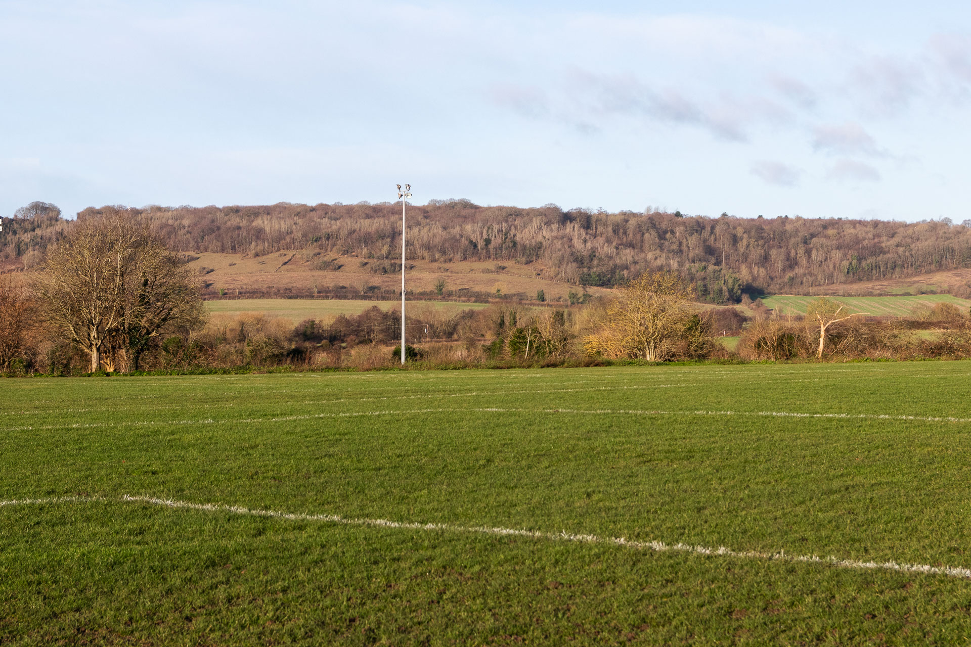 Looking across the large green grass spots field with a hill with trees on top in the distance. 