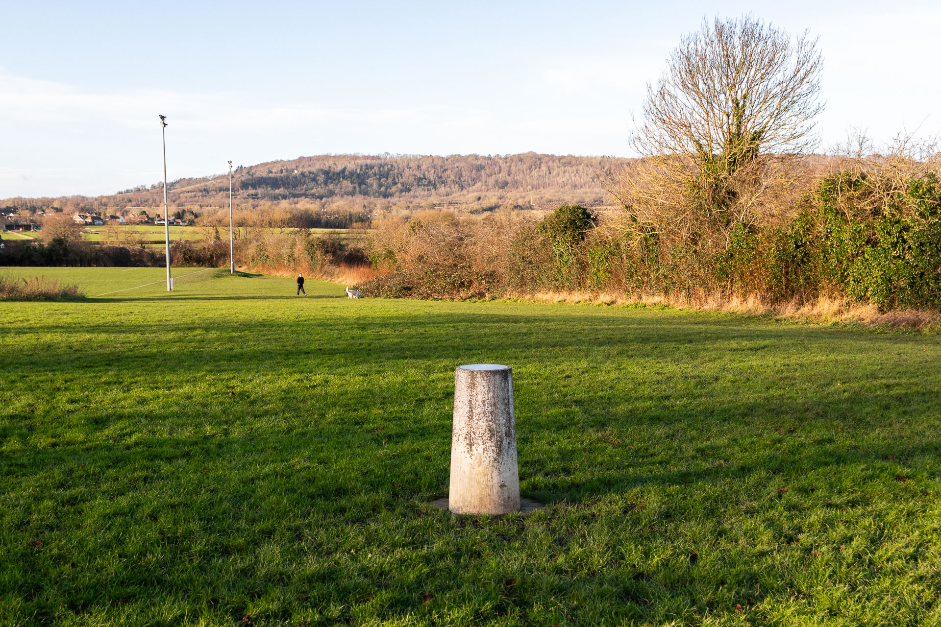 The grey mercury pillar of the Otford Solar System walk, sitting in a grass field, with a view to trees ahead lining the edge of the field.