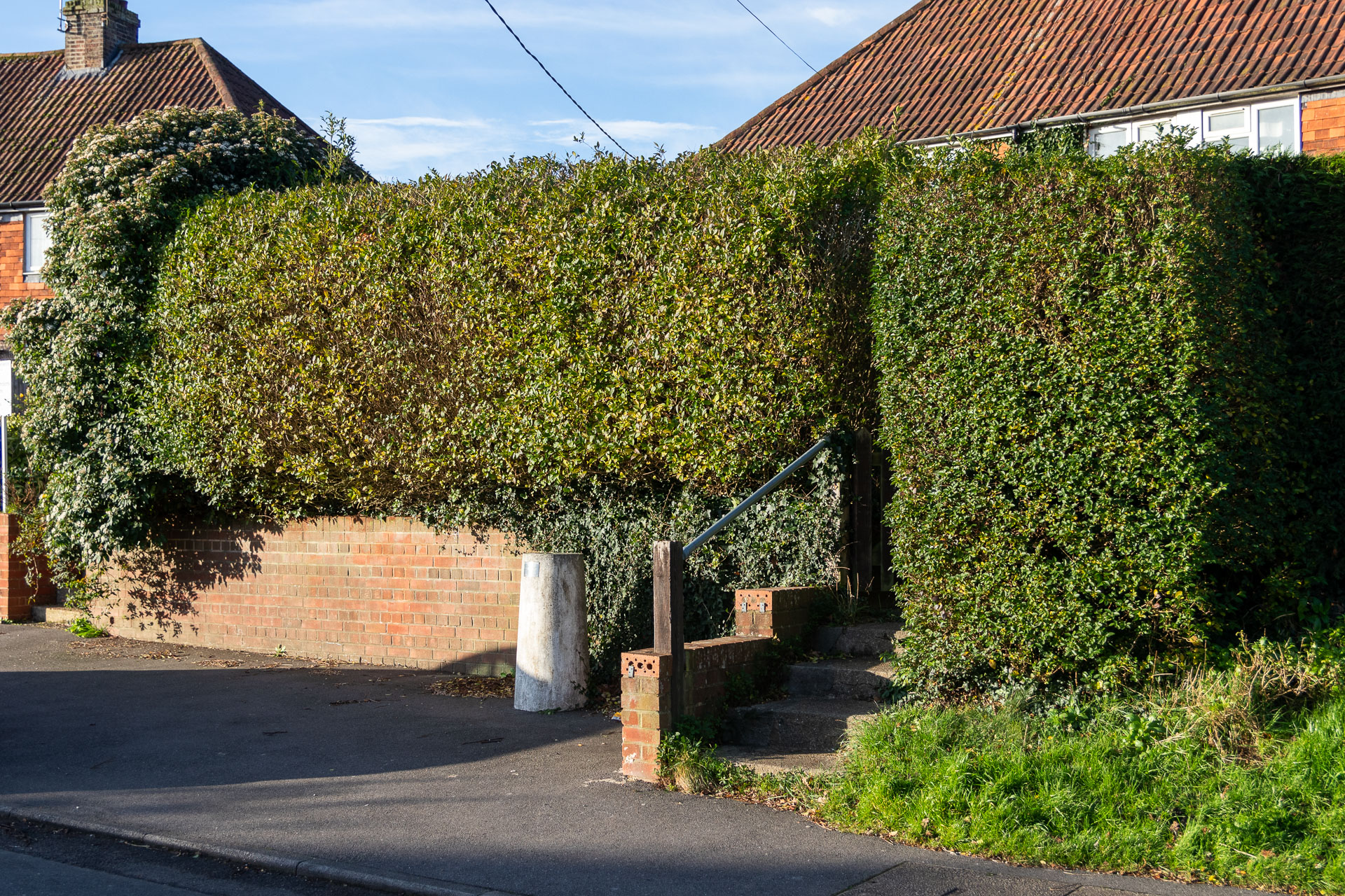 The grey pillar of Neptune sitting on the pavement in front of a wall with a neatly cut green hedge on top. There are some steps to the right leading through the hedges. 