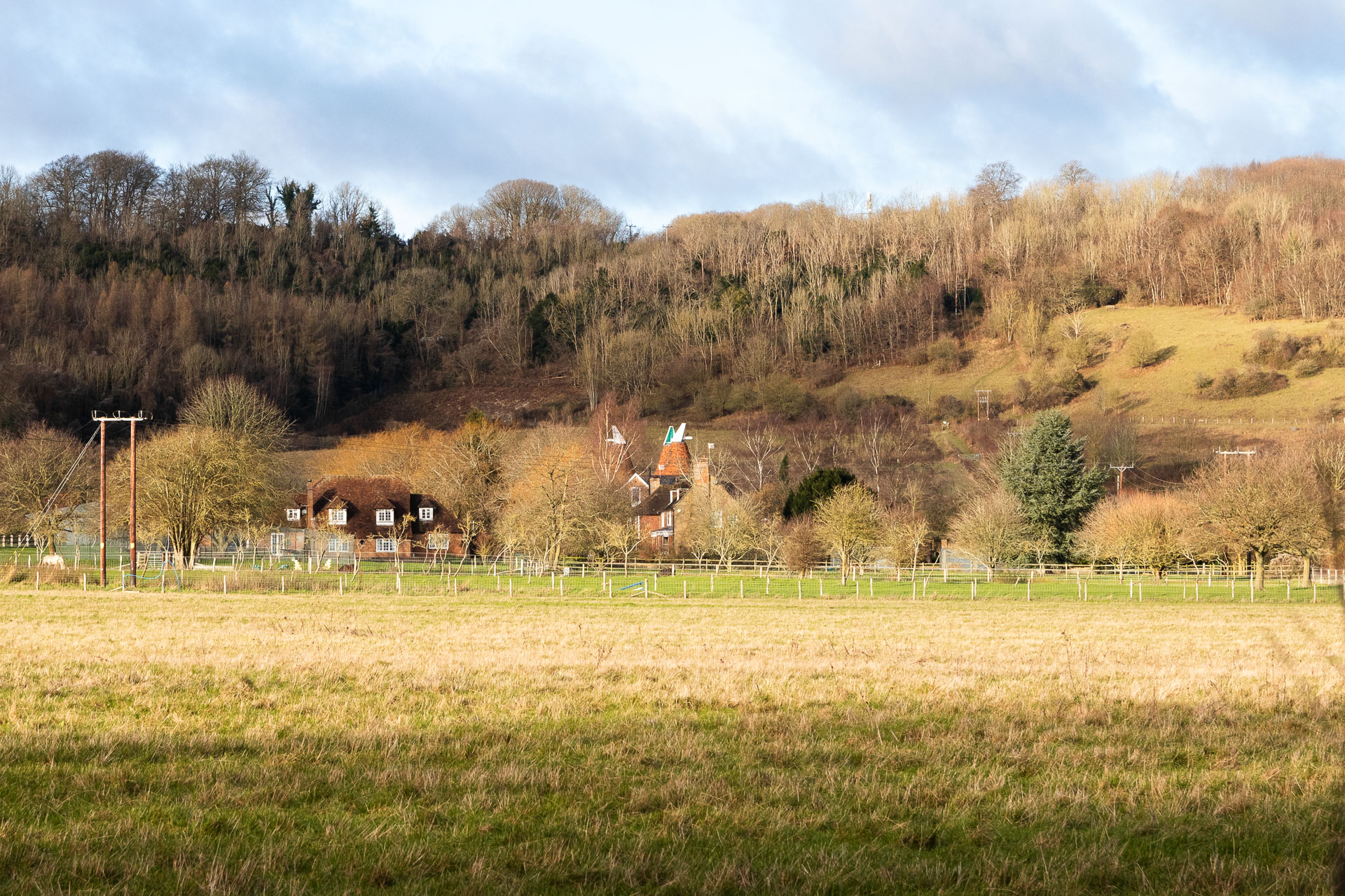 Looking across a field towards a hill with trees on top. At the bottom of the hill is an oast house partially hidden by trees.