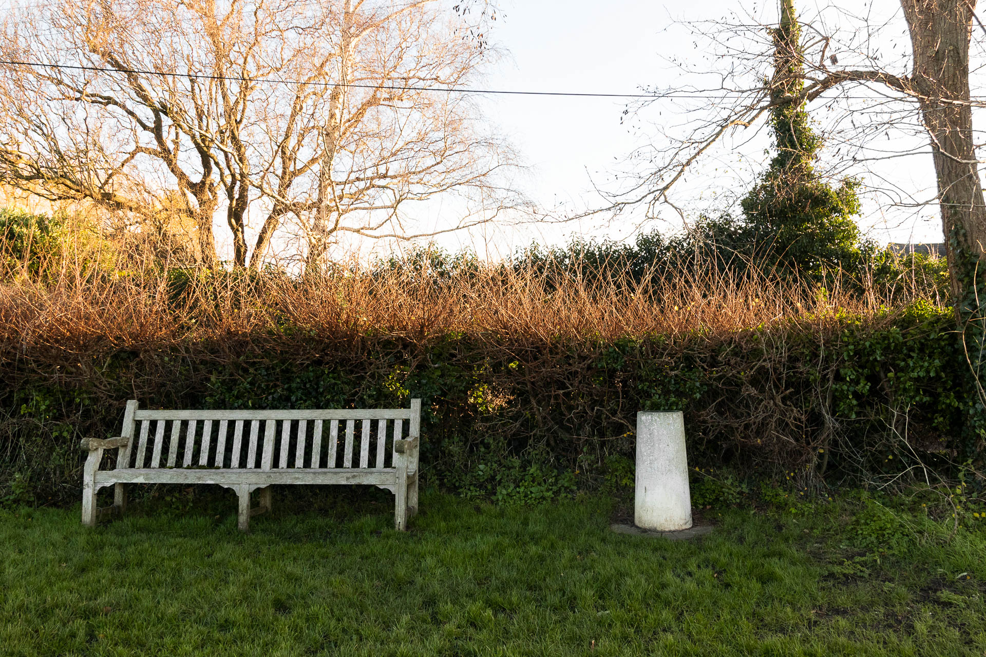 The grey pillar of Jupiter on the right and a wooden bench on the left, both sitting in front of a hedge. 