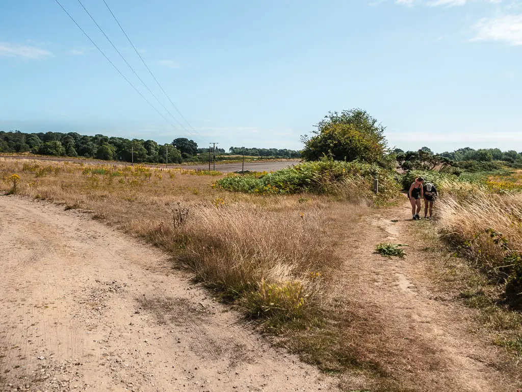 A dusty trail split, with two people walking on the right trail.