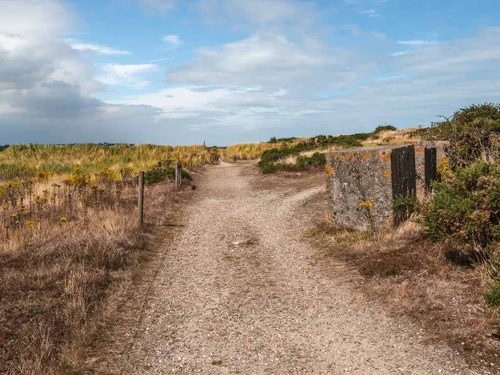 A gravel path leading ahead, with some stone blocks to the right.