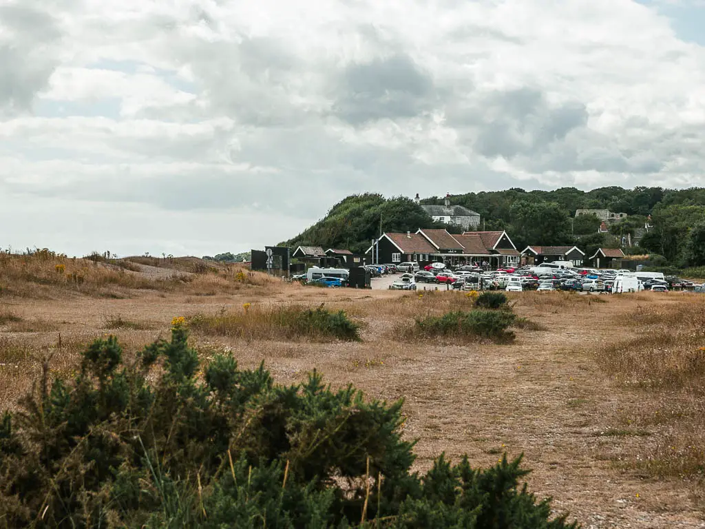 A large area with a few bushes dotted about, and a large car park filled with cars and some buildings on the other side.