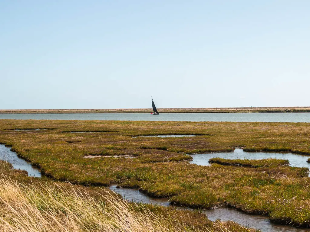 Looking across the marshland with a strip of river head, with a sailboat in the middle.